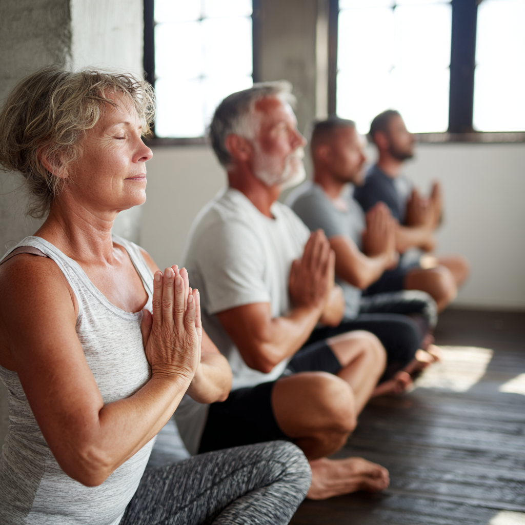 Middle-aged adults practicing gentle yoga poses in natural light studio